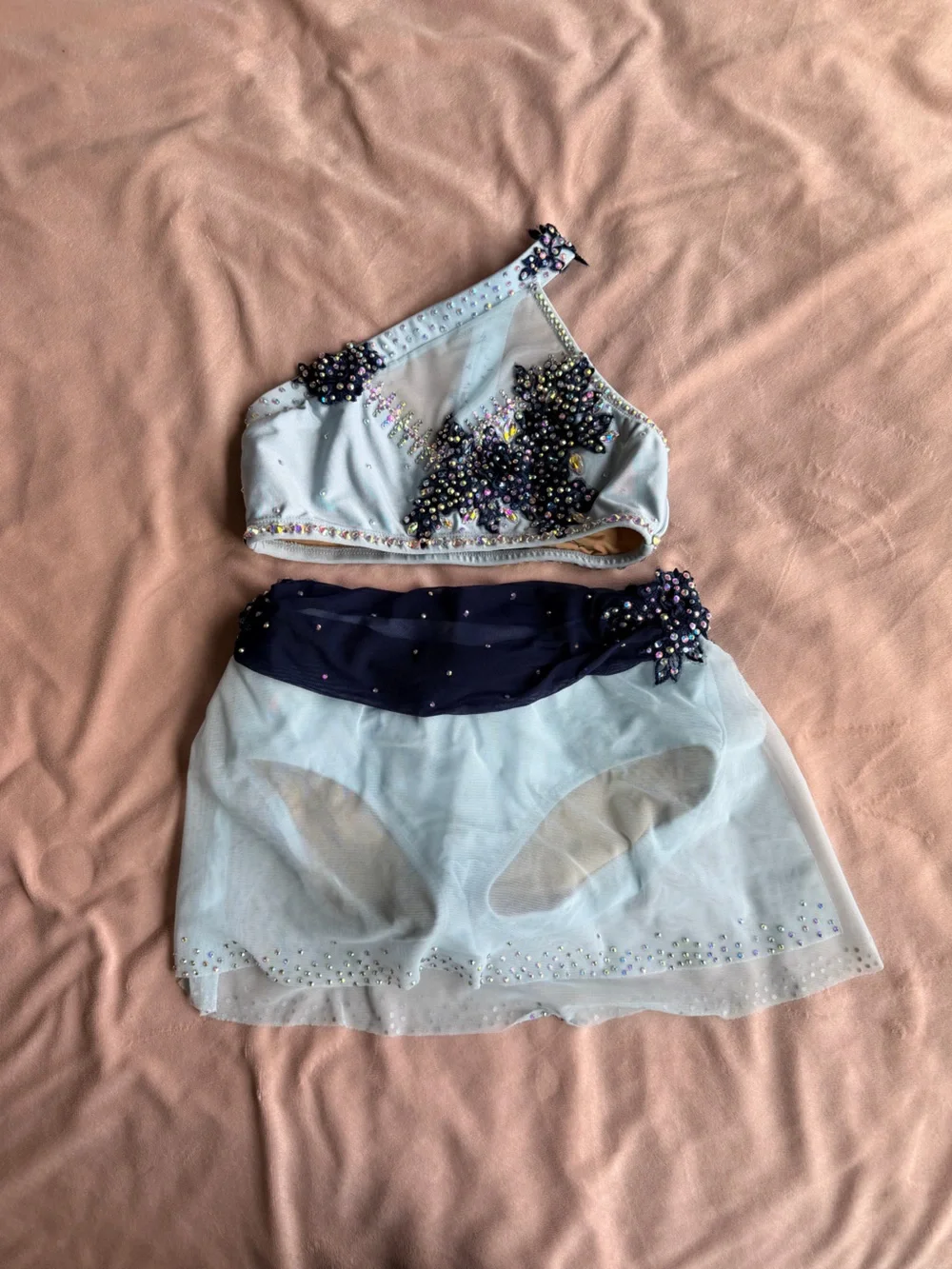 Light Blue and Navy Rhinestoned Embellished Dance Top and Skirt Set
